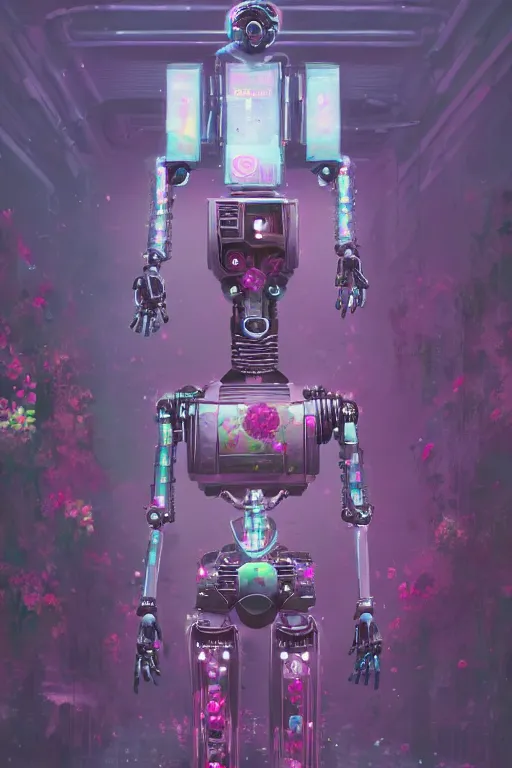 Prompt: a digital painting of a robot with flowers, cyberpunk art by Mike Winkelmann, cgsociety, panfuturism, afrofuturism, made of flowers, dystopian art, vaporwave