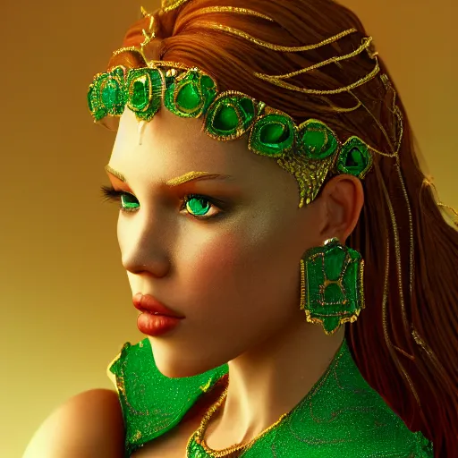 Image similar to portrait of wonderful princess of emeralds with fair skin, ornate, 8 k, gorgeous, intricate, detailed, accent lighting, ethereal lighting, hyper realism, octane render