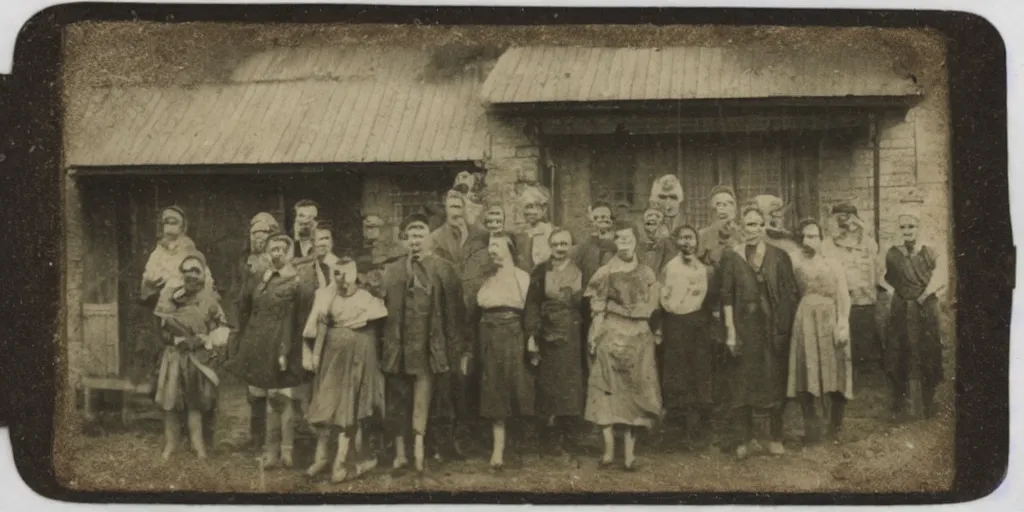 Image similar to a tintype photograph. photo of a group of people in front of the town hall house of the village and a small face of a ghost in the window of the house