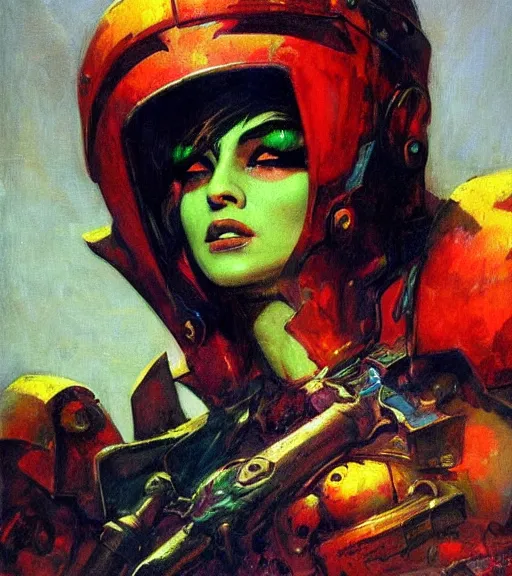 Image similar to portrait of strong iranian female chaos angel, beautiful! coherent! by frank frazetta, by brom, strong line, vivid neon color, shining metal power armor, iron helm, high contrast, maximalist