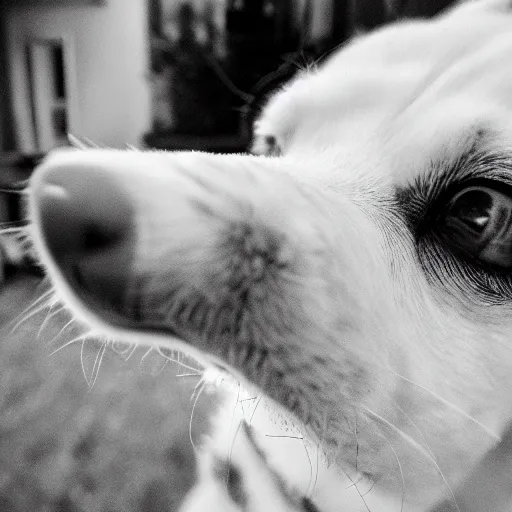 Prompt: fisheye photo of a dog poking its nose at the camera