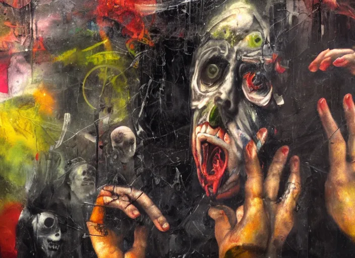 Image similar to a still from an occult horror movie by dario argento, alejandro jodorowsky and kenneth anger, close - up : : oil painting by adrian ghenie