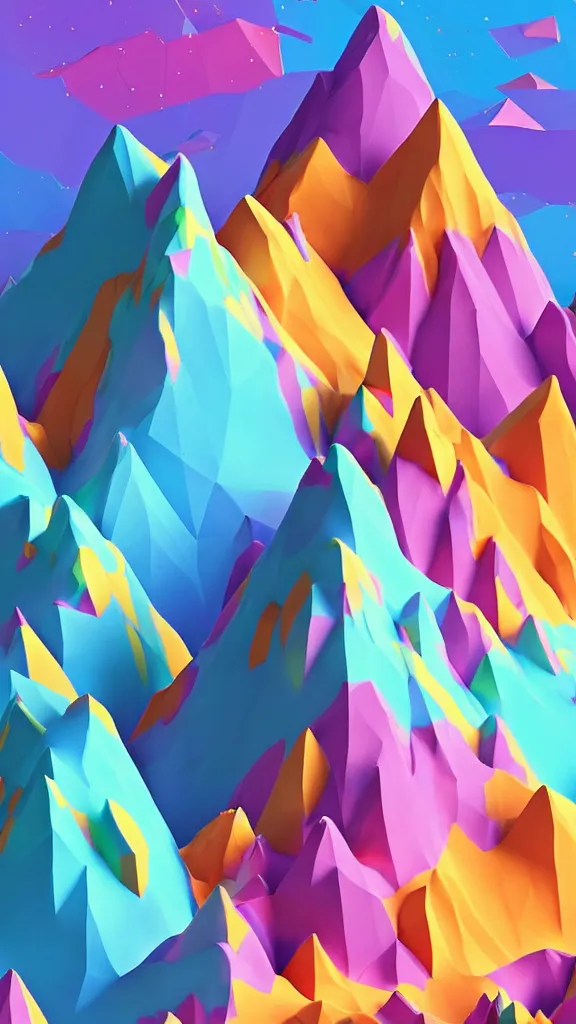 Prompt: a matte 3 d low poly mountain covered in sprinkles and frosting, vibrant colors, lat lighting, cute isometric 3 d render, candyland, highly detailed, trending on artstation, iphone wallpaper