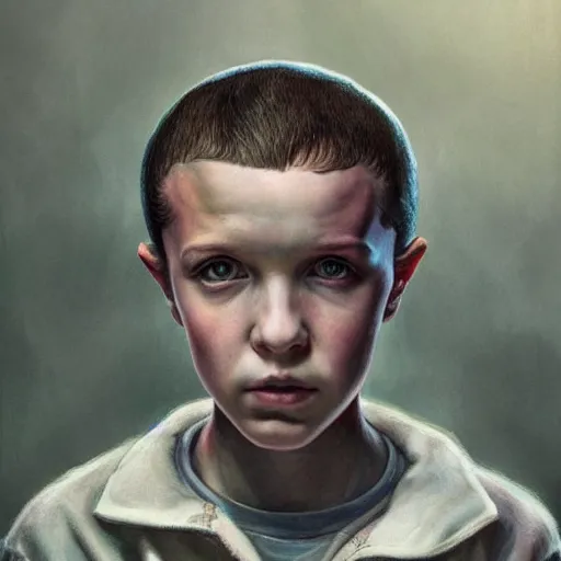 Prompt: beautiful portrait of Eleven from the stranger things by (((Marco Mazzoni ))) marco mazzoni ,dark ,detailed!! ,(((flowers on hair))) ,portrait, side light!!!