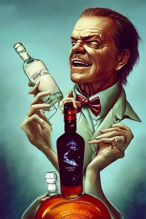 Prompt: imagine a ship in a bottle but instead of a ship a young jack nicholson is in the bottle, jack nicholson, fancy whiskey bottle, masterpiece painting by peter mohrbacher