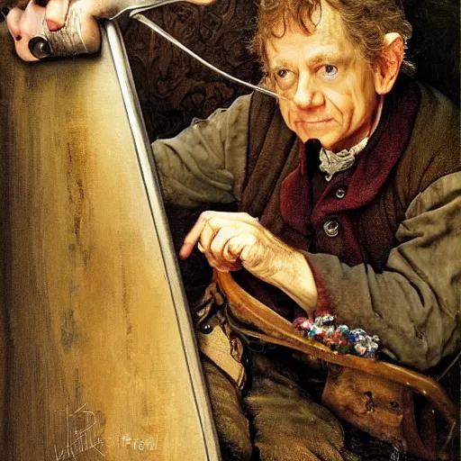 Image similar to bilbo baggins gets on myspace, realistic oil painting, style of norman rockwell, 8 k, super sharp, ultra detail, rule of thirds.