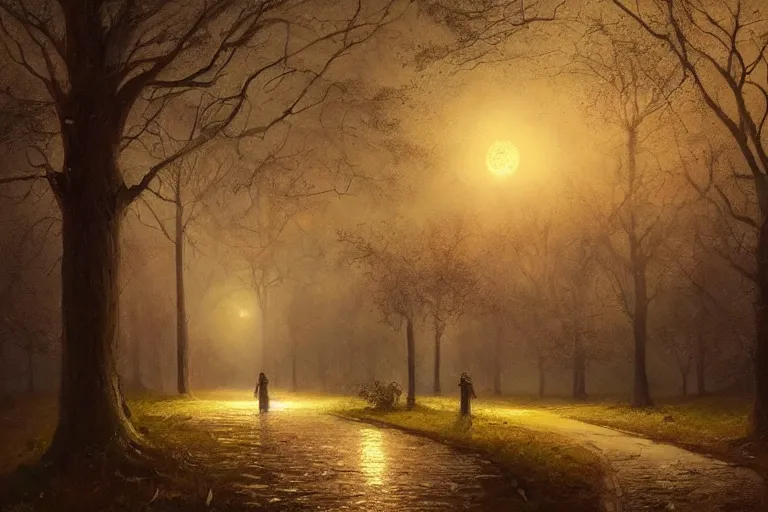 Image similar to beautiful painting of a path in an old england park at night, greg rutkowski, james gurney, artstation.