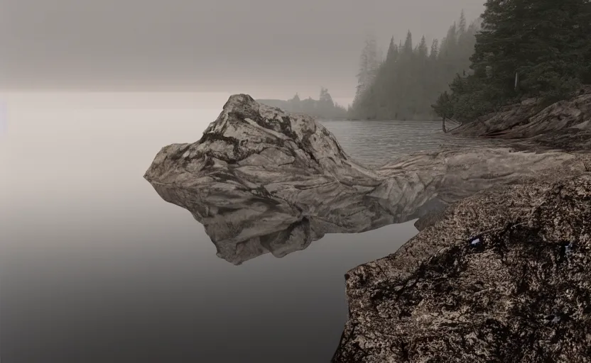 Prompt: extreme low angle showing the surface of a lake with a rocky lake shore in the foreground, scene from a film directed by charlie kaufman ( 2 0 0 1 ), foggy volumetric light morning, moody cinematography, cinematic trending on artstation in the style of greg rutkowski,