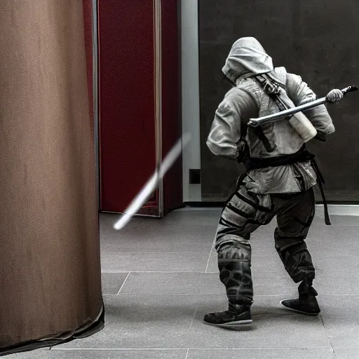 Image similar to shrouded ninja sneaking up on a guard