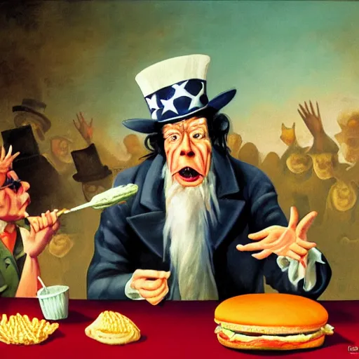 Prompt: surreal grotesque kitsch low-brow propaganda Uncle Sam emerging from deep shadows eating hamburgers, extra onions and ketchup, luscious patty with sesame seeds, figure in the darkness, serving big macs, french fry pattern ambience, holocaust background, Francisco Goya, painted by John Singer Sargant, Adrian Ghenie, style of Francis Bacon, highly detailed, 8k, trending on artstation