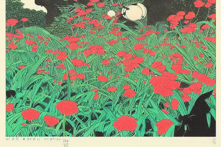 Prompt: gigantic cats catch gigantic dragonflies, a lot of exotic flowers around, heads are all over the ground, acid and dreaming psychedelic hallucinations, risograph by kawase hasui, dirtyrobot, edward hopper, satoshi kon and moebius, colorful flat surreal design, super - detailed, a lot of tiny details, fullshot