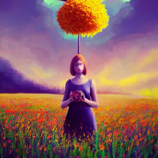 Prompt: girl with an exploding flower for a head, surreal photography, dream, standing in flower field, magical, in a valley, sunrise dramatic light, impressionist painting, colorful clouds, artstation, simon stalenhag, flower face