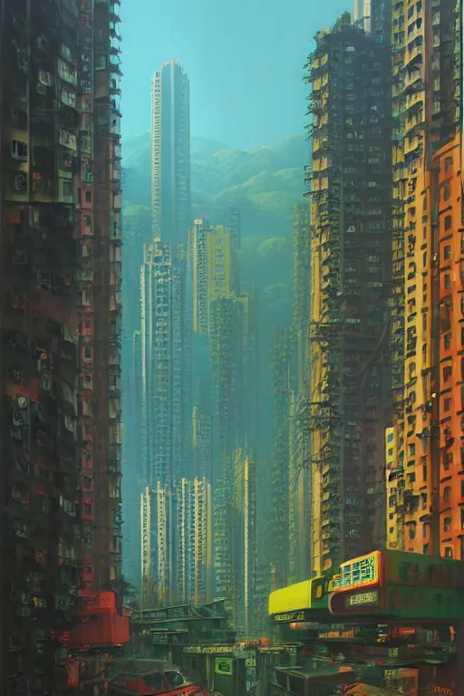 Prompt: downtown hong kong in a redwood solar punk vision, oil on canvas by klaus burgle, simon stalenhag, ultra - realistic 3 d depth shading