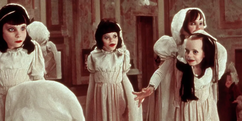 Prompt: a still from Snow White of the twins from The Shining, overlook hotel