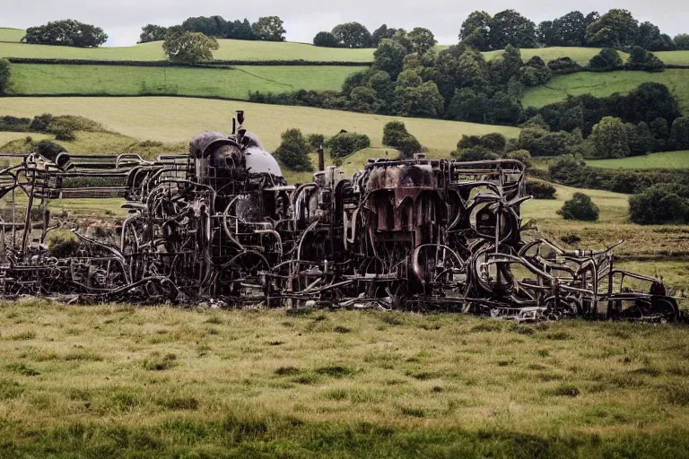 Image similar to beautiful english countryside, a ginormous destroyed streampunk machine lies broken in a field, many people, fire and oil