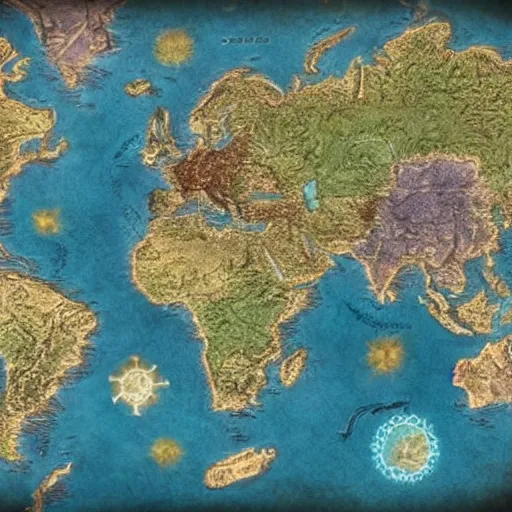 Image similar to fantasy map, highly detailed, many continents, oceans.