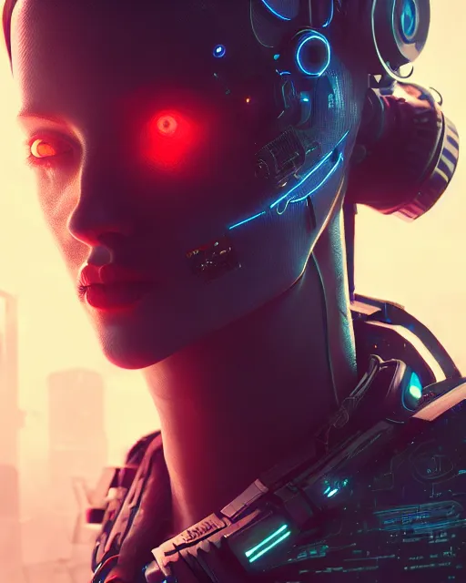 Image similar to portrait of a cyberpunk cyborg. sci - fi, intricate abstract upper body intricate, wlop, concept art, octane render, deviantart, greg rutkowski, cinematic, key art, hyperrealism,