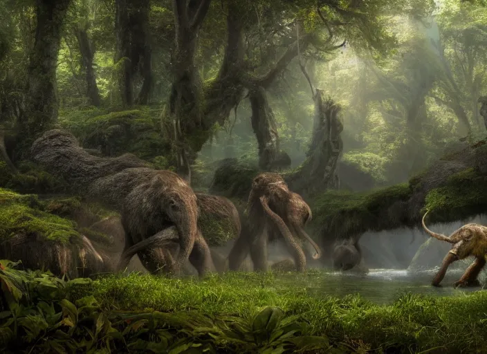 Prompt: hyperrealism, detailed textures, photorealistic, 3 d render, a surreal mystical forest with a bright winding creek with a herd of wooly mammoths grazing, ultra realistic cinematic, intricate, cinematic light, concept art, illustration, art station, unreal engine