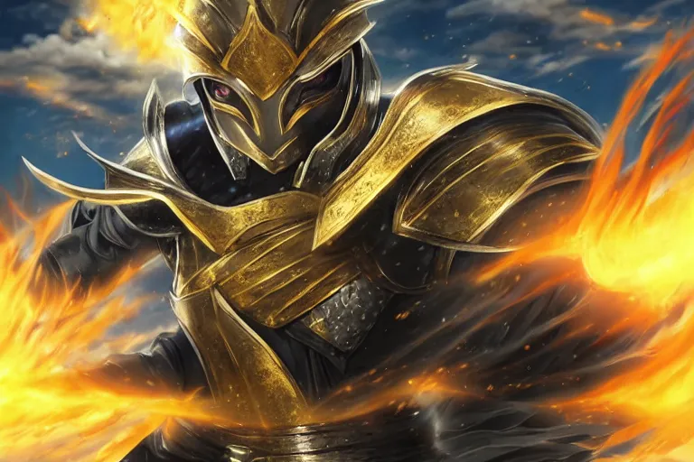 Prompt: an ultra detailed portrait of saladin as a shonen anime protagonist charging into battle wearing bright gold armor and huge flaming longsword blessed by god, epic anime fantasy, 8 k, volumetric lighting, smooth, highly detailed, digital illustration, art by kentaro miura and akira toriyama and artgerm