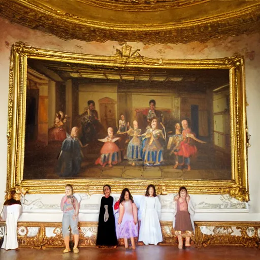 Image similar to super quality family portrait in the main room of the castle painted in 1 6 5 6, dark room, one point of light coming through the window inspired by las meninas, clear spaces between each subject and good detail and realistic eyes, faces for each person in the canva, inspired by diego velasquez baroque style