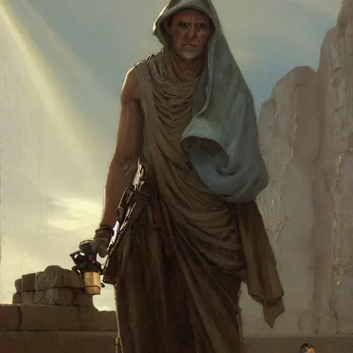 Image similar to half portait of jedi wearing a closed cowl and big old book! chained to the wrist, jeremy mann, jean - leon gerome, tiepolo, alphonse mucha, greg rutkowski, face in the shadows, ( ( ruins of ancient rome ) ), at dusk, mysterious atmosphere, sunrays, dof, high detailed, 8 k