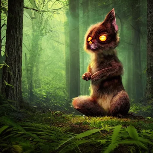 Prompt: a cute furry creature with long ears standing in a forest, big glowing eyes, fantasy, michael kutsche, concept render, cinematic lighting