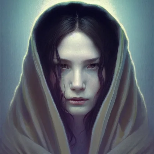 Image similar to Portrait of a young woman wearing a hooded robe, in a trance, intricate, elegant, highly detailed, digital painting, artstation, concept art, smooth, sharp focus, illustration, art by artgerm and greg rutkowski and alphonse mucha, by beksinski