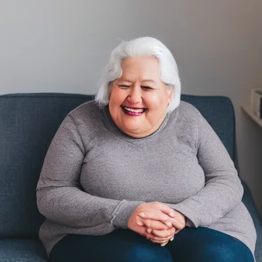 Image similar to Portrait Photo of ur fat mom smiling creepy into the camera, gray hair, smiling softly, realistic, 4k/8, real, photoshooting, relaxing on a modern couch, interior lighting, cozy living room background, medium shot, mid-shot, soft focus, professional photography, Portra 400