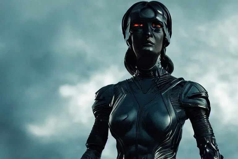 Image similar to VFX movie closeup portrait of a futuristic hero woman in black spandex armor in future city, hero pose, beautiful skin, night lighting by Emmanuel Lubezki