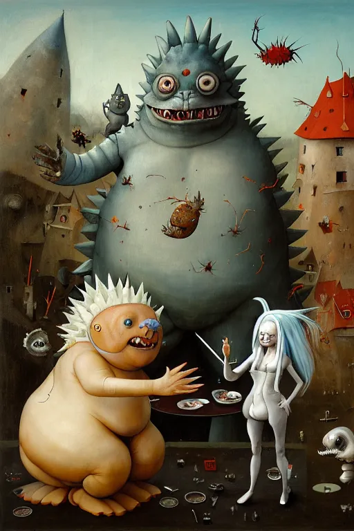 Prompt: hieronymus bosch, greg rutkowski, anna podedworna, painting of two white haired catgirls, a small fat blue godzilla, a pickle in a suit and tie, a cybernetic fox woman, a woman with one eye, a small hedgehog, a man with a shrimp for a head, pointing at a vampire clown with red hair in a vr headset