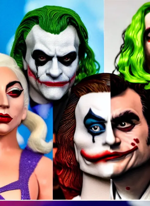 Image similar to highly detail and highly realistic and intricate and pop up - lady gaga harley queen and joaquin phoenix joker - mimmo rottela