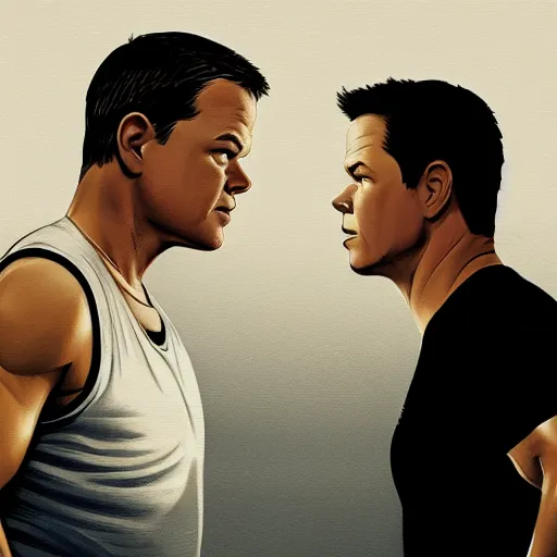Image similar to Matt Damon and Mark Wahlberg looking at each other confused in the mirror, artstation, concept art, smooth, sharp focus, illustration