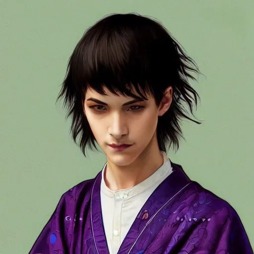 Prompt: teenager boy with straight indigo hair, purple eyes with red eye markers, slim body, wearing a detailed japanese kimono. modern, realistic, looking at the camera, enjoying life!!! elegant, highly detailed, digital painting, artstation, concept art, matte, sharp focus, illustration, art by artgerm and greg rutkowski and alphonse mucha