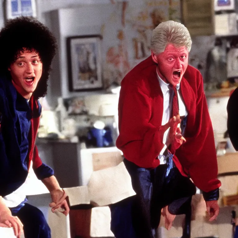 Prompt: Bill Clinton as Bill in the movie Bill and Ted's Excellent Adventure , film still