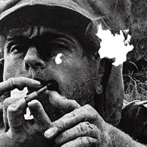 Prompt: an image of joe rogan smoking weed over the fallen enemy soldiers.