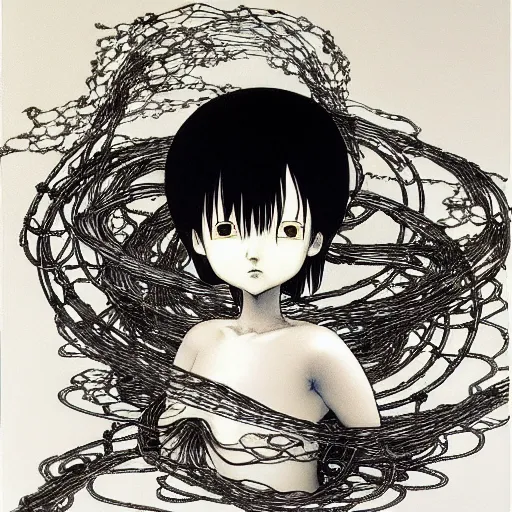 Image similar to prompt: Black and white Fragile looking vessel portrait face drawn by Katsuhiro Otomo, nymph in the water performing alchemy, small flowers and cables and wire around and on the side with artifacts, intricate oil painting, soft light, intricate detail, intricate oil painting detail, sharp high detail, manga and anime 2000