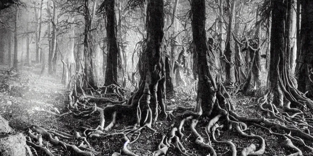 Image similar to 1 9 2 0 s photography of occult humanlike root creatures creeping and lurking in dark forest in the dolomites