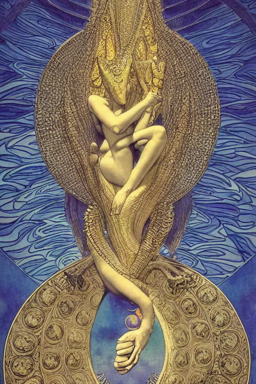 Image similar to beautiful crocodile headed god by maxfield parrish, mandala, coherent design, digital watercolor ink illustration painting, extremely dull colors, golden ratio, detailed, sharp lines, sharp focus, intricate, artgerm, gustave dore, alphonse mucha, octane render