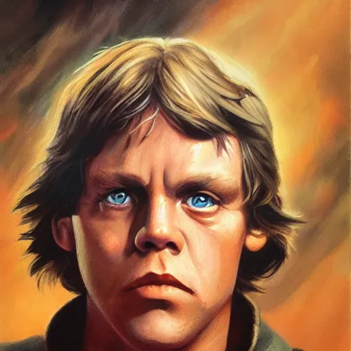 Image similar to An ultra realistic portrait painting of luke skywalker in the style of Frank Frazetta, 4k, Ultra realistic, Highly Detailed, Dark Fantasy, Epic Lighting