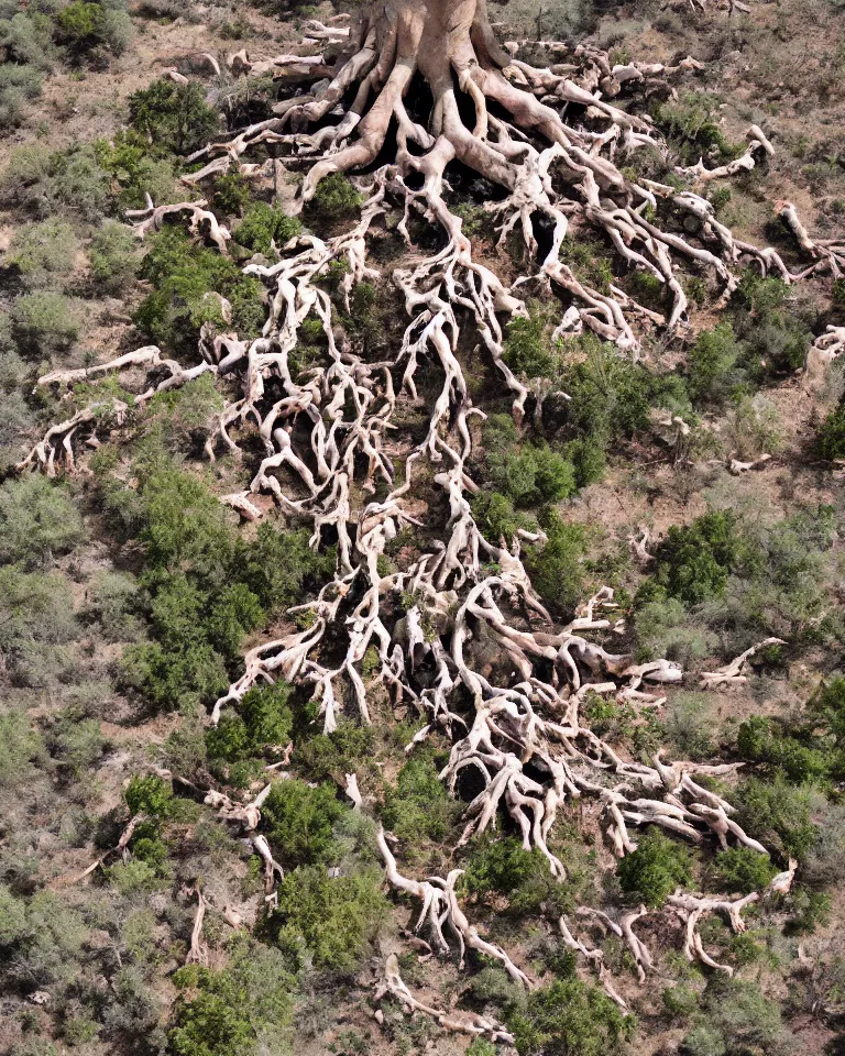 Prompt: A giant mythical wretched tree made of human flesh, limbs and bones growing on corpses in the middle of a desert canyon. Bird view.