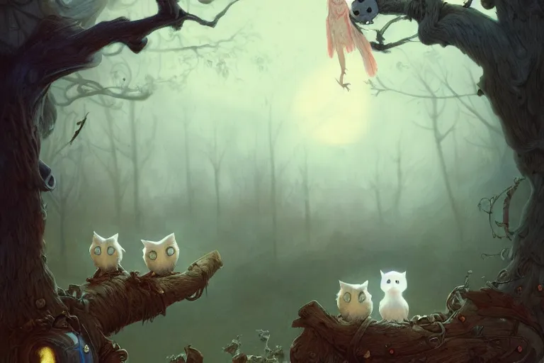 Image similar to casper the friendly ghost flying over a graveyard at midnight, chasing a cat, an interesting owl in a tree, cinestill, painted by james jean and gaston bussiere, very detailed and cute and cozy and transparent, backlight, fog, mist, trending on artstation