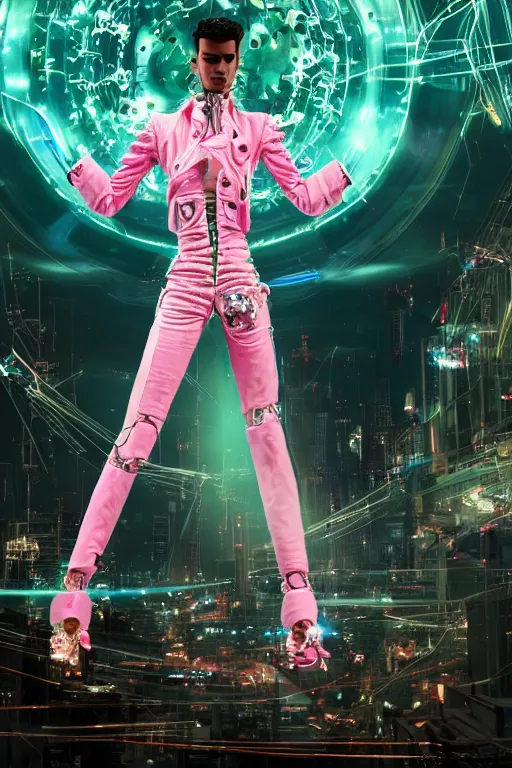 Image similar to full-body rococo and cyberpunk style quartz sculpture of a young handsome seductive Venezuelan android prince reaching for the sky, glowing pink laser eyes, crown of white gears and diamonds, swirling green-colored silk fabric. futuristic elements. full-length view. intricate artwork by caravaggio. Trending on artstation, octane render, cinematic lighting from the right, hyper realism, octane render, 8k, depth of field, 3D