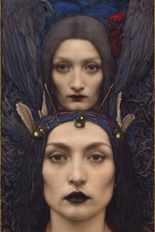 Prompt: a goth shaman with the head of a raven, by Annie Swynnerton and Nicholas Roerich and John Bauer and jean delville and John William Godward and Donato Giancola and Vermeer, black leather and embroidered velvet, iridescent beetles, rich color, dramatic cinematic lighting, featured on Artstation, extremely detailed