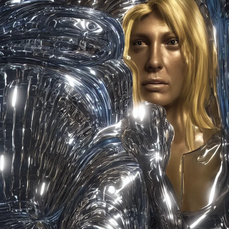 Image similar to octane render portrait by wayne barlow and carlo crivelli and glenn fabry, a strange psychedelic glamorous sci - fi action hero inside a futuristic shiny reflective chrome prison cell, light beams, cinema 4 d, ray traced lighting, very short depth of field, bokeh