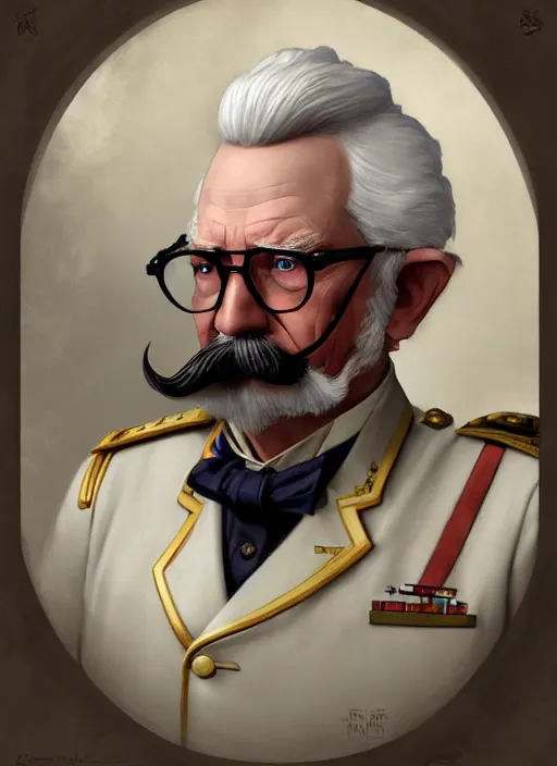 Image similar to close up portrait of colonel sanders, decorated civil war veteran, long handlebar mustache, union uniform by artgerm, cushart krenz, greg rutkowski, mucha. art nouveau. gloomhaven, military symbolism, pale colors, sharp edges. ultra clear detailed. 8 k. elegant, intricate, octane render