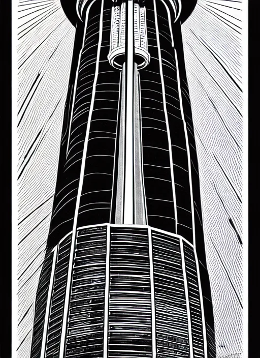 Prompt: cn tower, extremely detailed, bold line art, by vincent di fate and joe fenton and artgerm, toronto, inking, etching, screen print, masterpiece, trending on artstation, sharp, high contrast, hyper realistic, hd, 4 k, 8 k