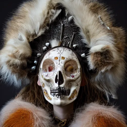 Image similar to hyperrealistic mixed media portrait portrait of a anthropomorphic norse mythology mimosa, wearing furry clothes and artifact head gear made of deer horn and skull bones embaded with jewels in the style of heilung an experimental folk music band, elegant, highly detailed, hyper realism, 4k, DSLR, artstation, smooth, sharp focus, octane render, 3d, good clear quality, lighting, biology, symmetrical artwork, perfect face, high detail, octane render W 832