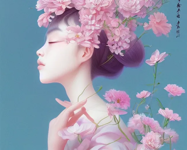 Image similar to highly detailed pastel colors of an ethereal asian beauty morphing gradually into flowers, by artgerm and hsiao - ron cheng, smooth composition, fine patterns and detail