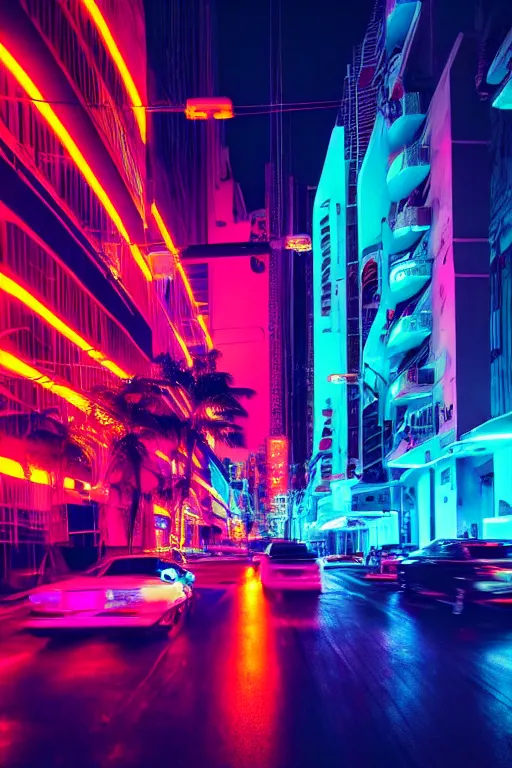 Image similar to neon streets of miami, 4 k, award winning photo, cyberpunk style