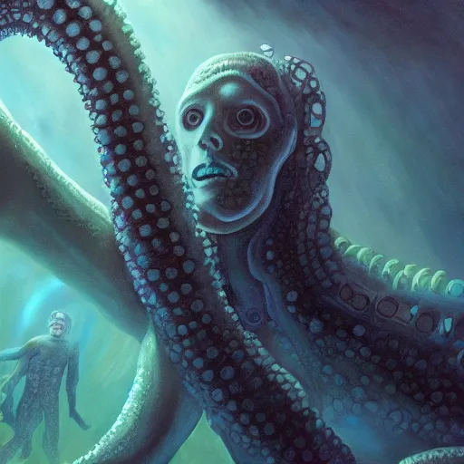 Image similar to tentacle-enabled underwater human descendant, futuristic painting, dagon, hd 8k